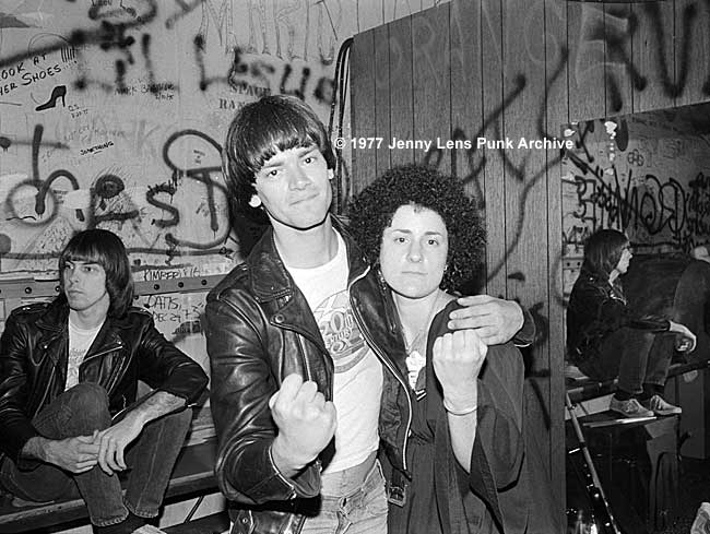 February 20,. 1977, Dee Dee Ramone, Jenny Lens and Johnny Ramone on left, Whisky backstage